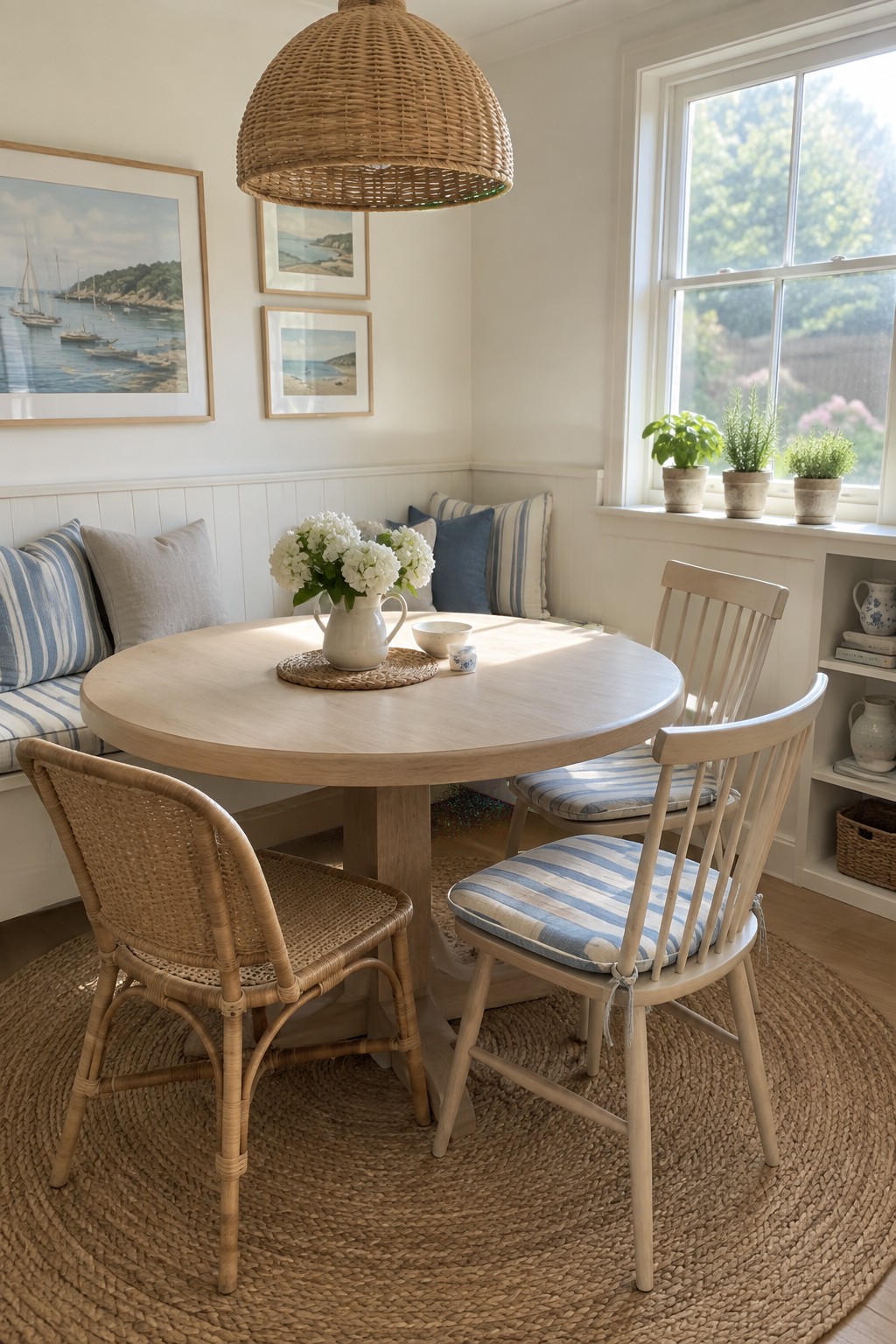 Creamy white walls rise above white wainscoting in a bright dining nook with wood furniture.