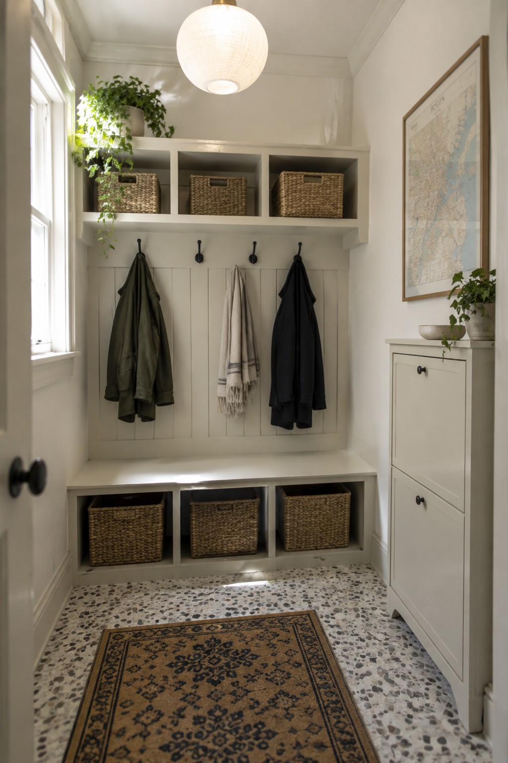 Creamy off-white paint on built-in storage and bench in a small entryway.