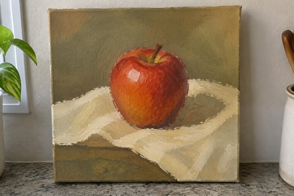 Oil painting of shiny red apple on wrinkled white fabric with green backdrop
