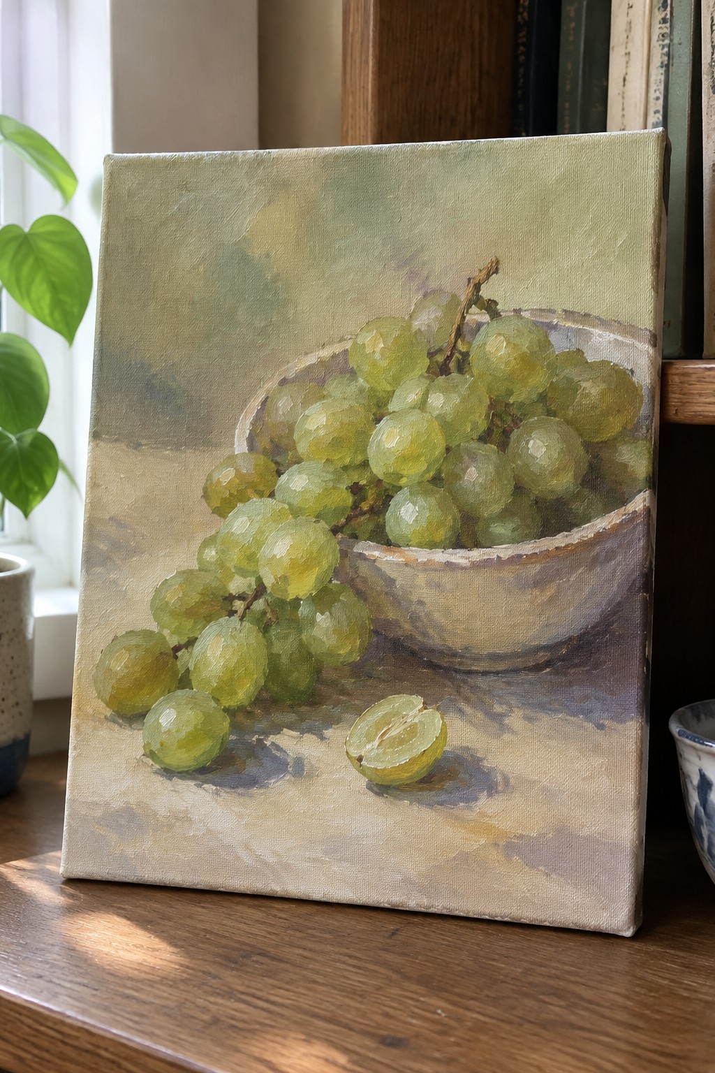 Oil painting of green grapes in a bowl with spilled grapes on wood.