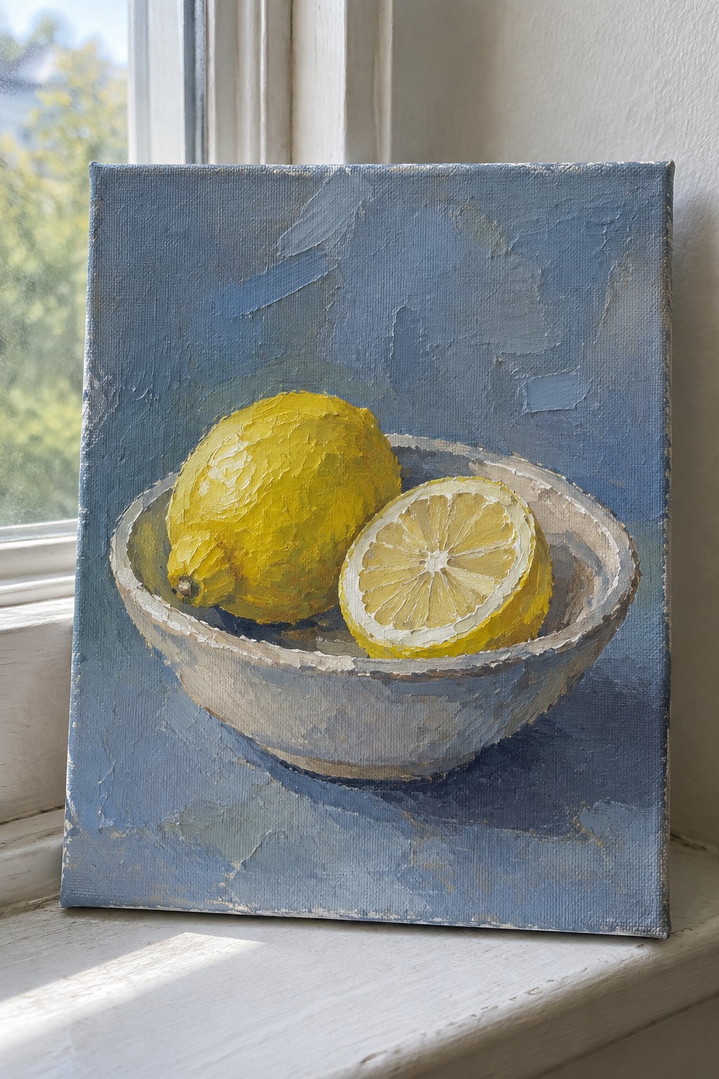 Whole and halved yellow lemons in a bowl on a windowsill