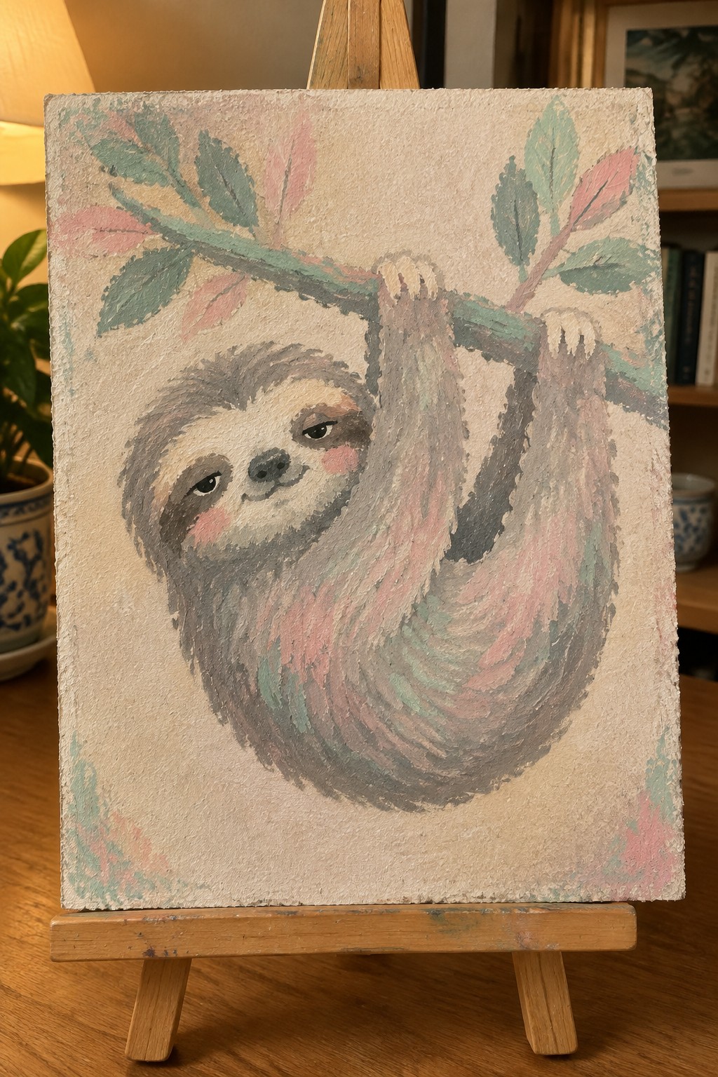 Pastel painting of a sloth hanging from a branch with pink and green leaves