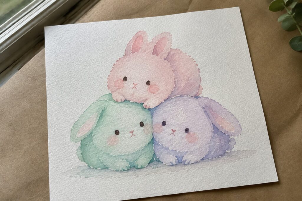 Three stacked pastel bunnies in pink, green, and purple watercolor with flowers