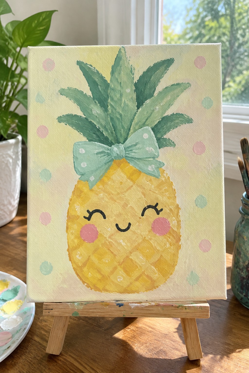 Kawaii pineapple painting with yellow fruit, green leaves, and polka dot bow on easel