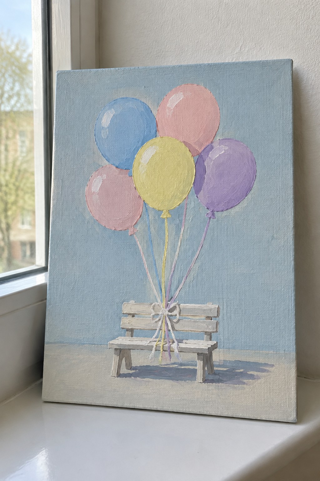 Colorful pastel balloons tied to a small white wooden bench on blue background