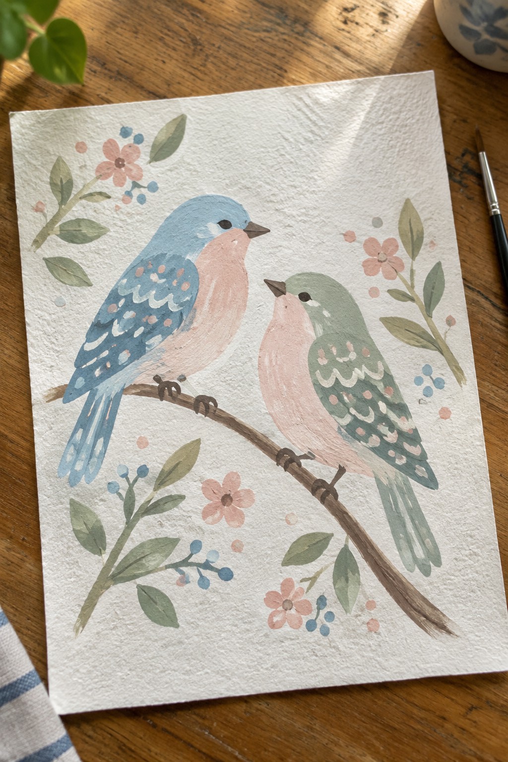 Watercolor painting of two pastel birds perched on a flowered branch