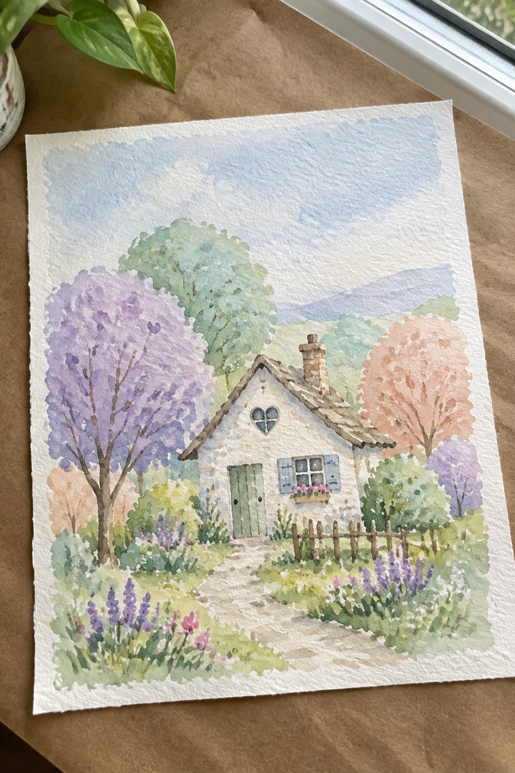Watercolor of white cottage with heart window, purple trees, garden path, and rolling hills