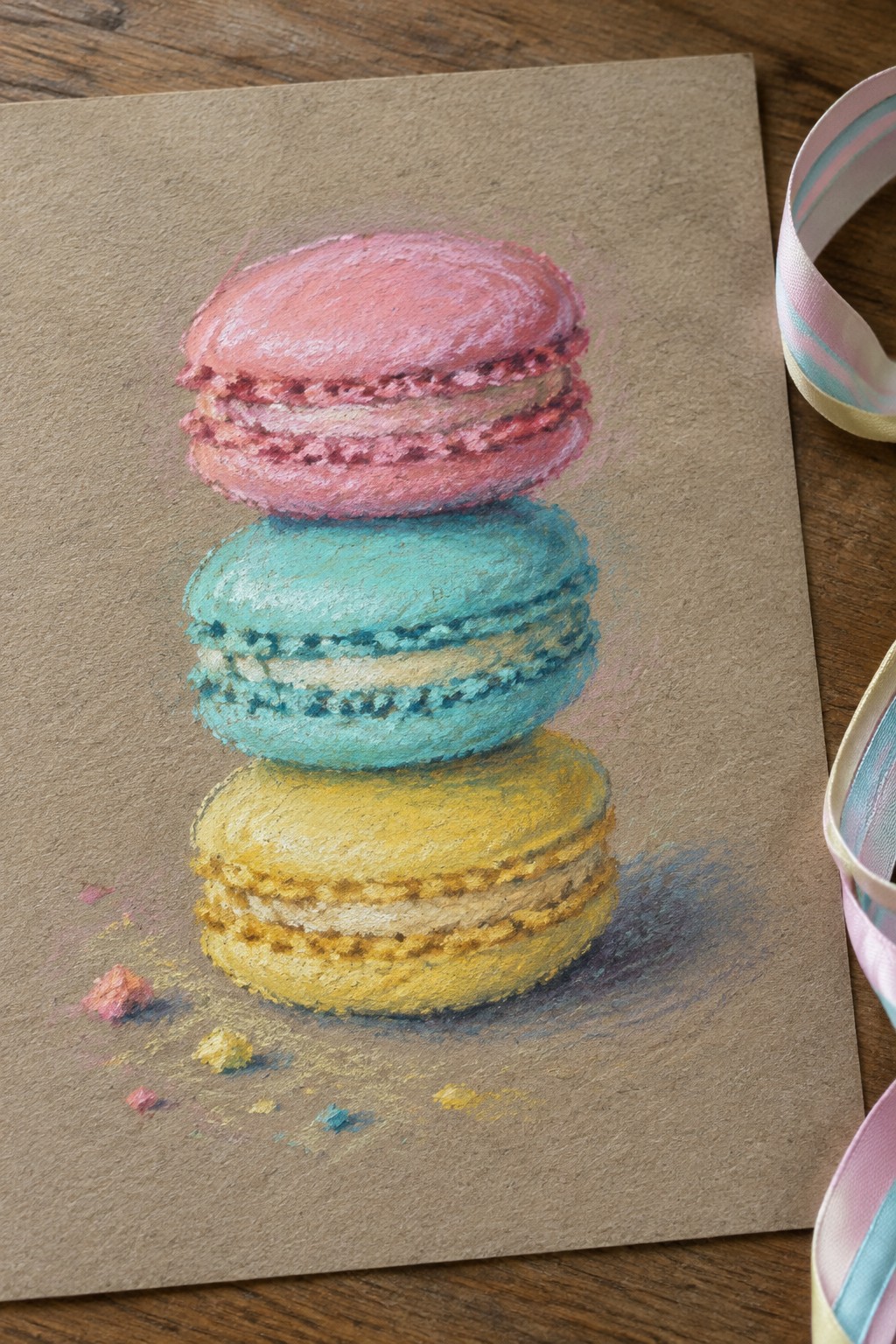 Stacked pink, turquoise, and yellow macarons on brown paper with crumbs and ribbon