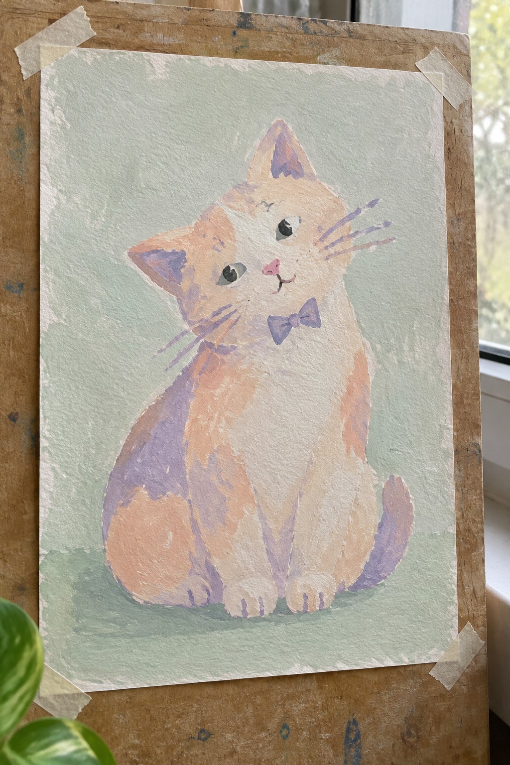 Watercolor of orange cat with purple bow tie taped to wooden board