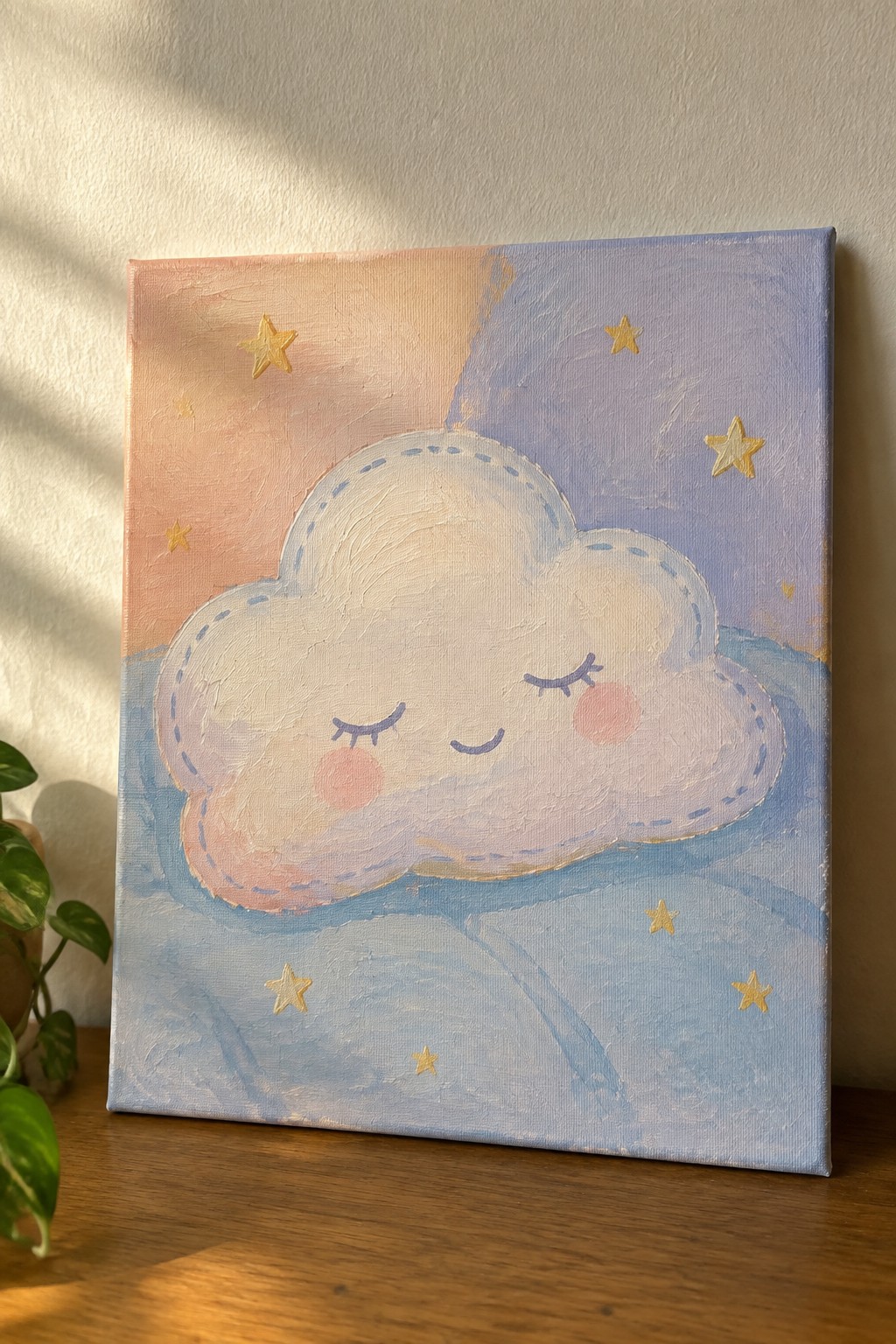 Pastel canvas painting of a cute cloud with closed eyes, smile, and golden stars