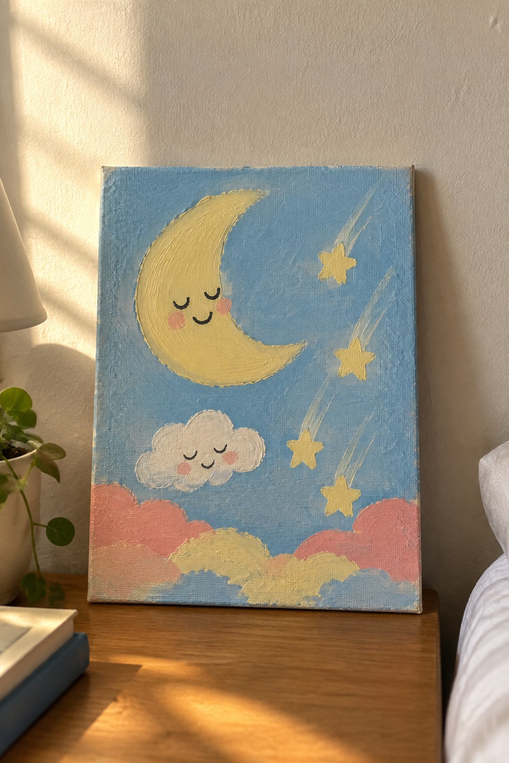 Whimsical painting of smiling crescent moon, stars, and fluffy clouds on canvas