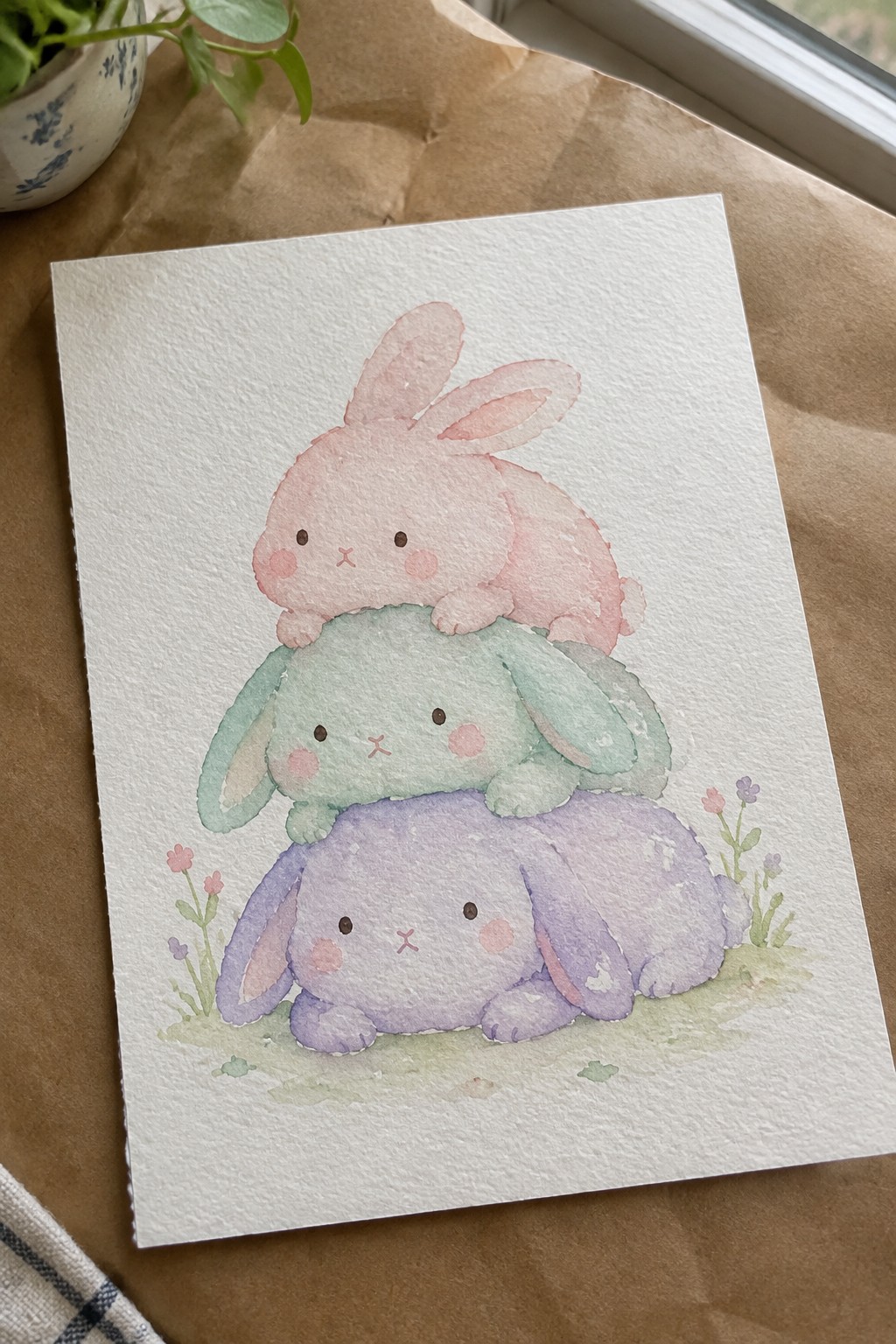 Three stacked pastel bunnies in pink, green, and purple watercolor with flowers