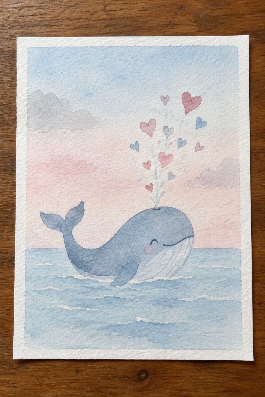 Watercolor of smiling blue whale spouting pink and blue hearts over pastel ocean at sunset.
