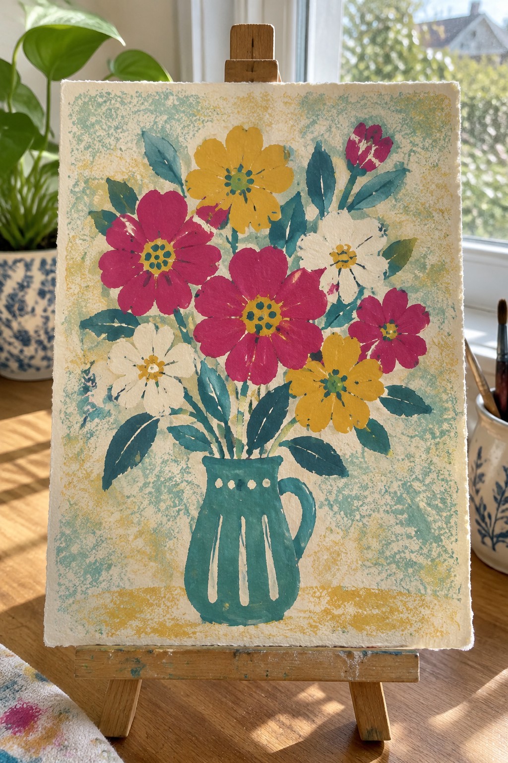 Vibrant painting of pink yellow flowers in teal pitcher on wooden easel