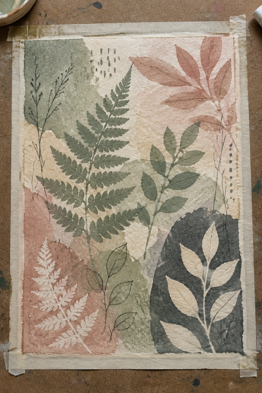 Watercolor botanical artwork with ferns and leaves in muted greens, pinks, and black on textured paper.