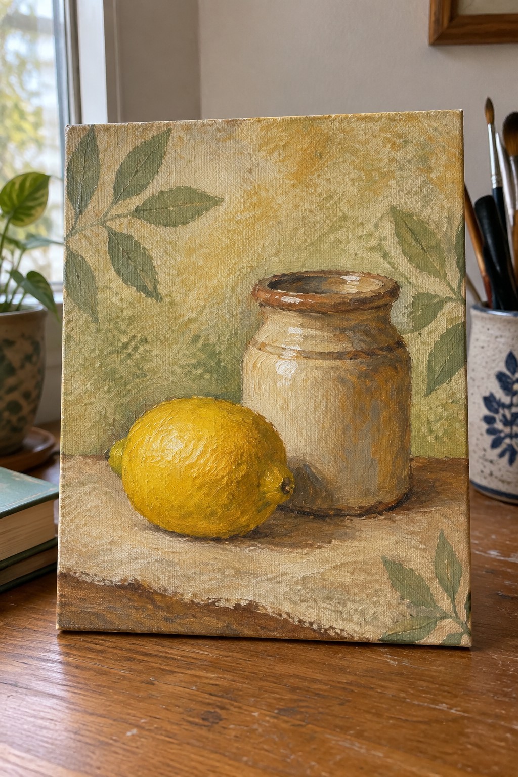 A still life painting of a yellow lemon beside a ceramic jar on a wooden surface with green leaf patterns in the background.