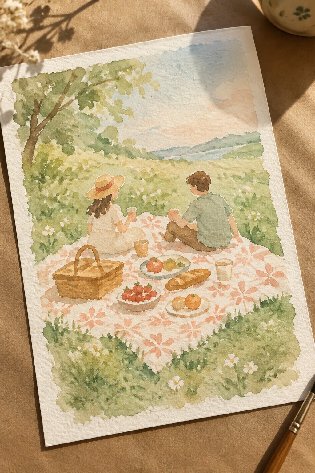 Watercolor of couple picnicking on floral blanket amid green meadow with basket and fruits.