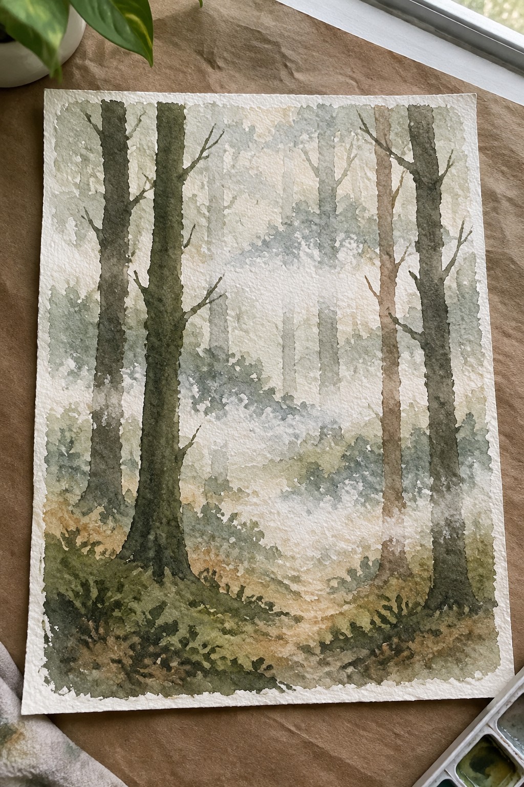 Watercolor painting of misty forest with tall trees in soft greens and browns