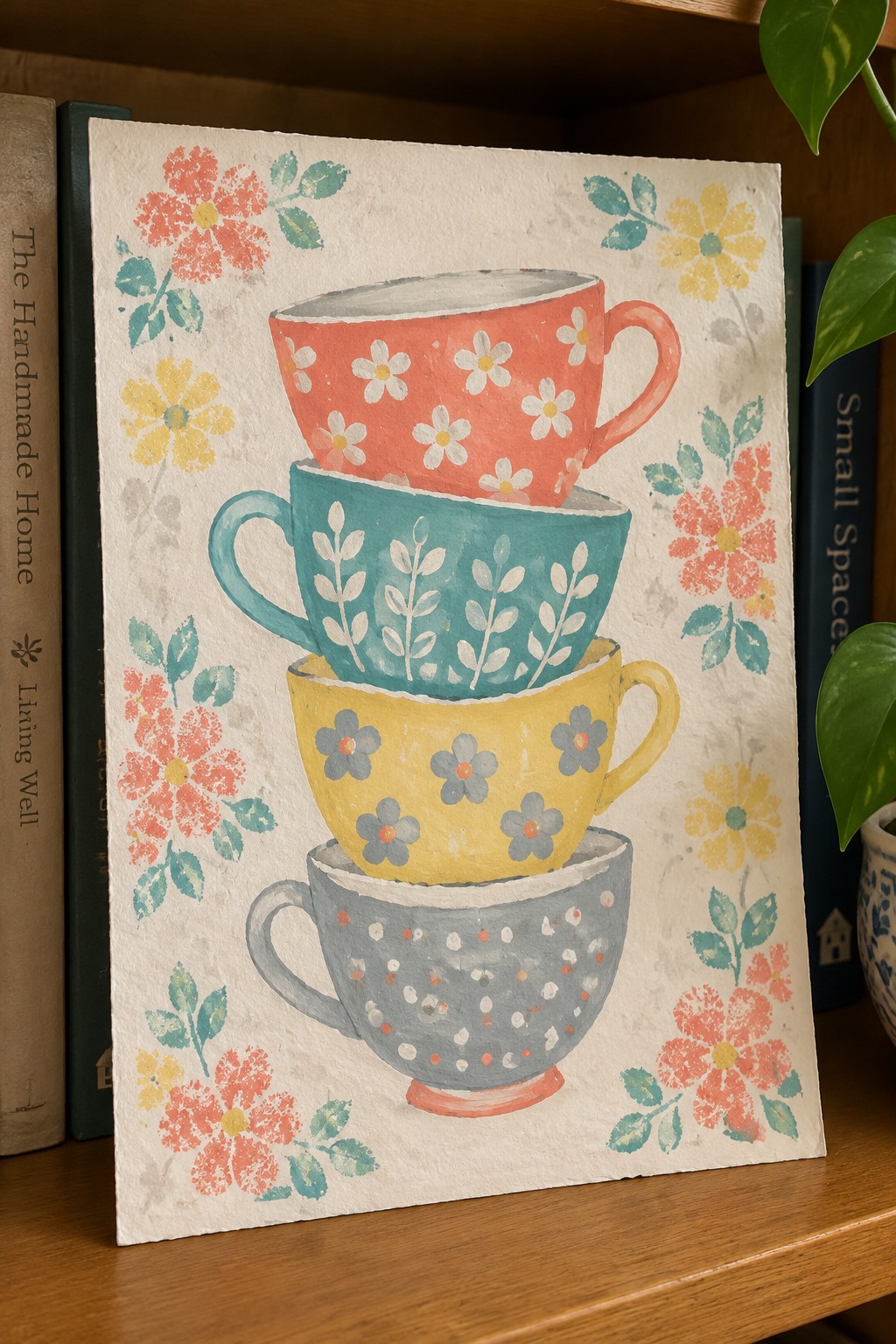 Stacked floral teacups in red, teal, yellow, and gray with painted flowers around.