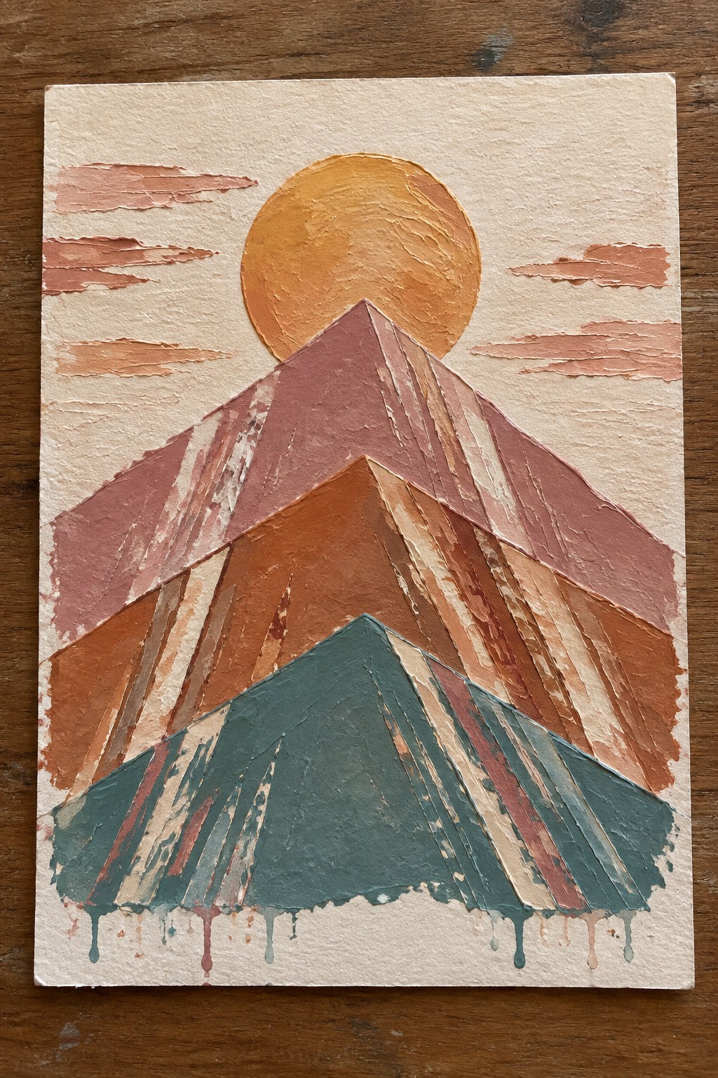 Textured abstract painting of layered mountains under orange sun with paint drips