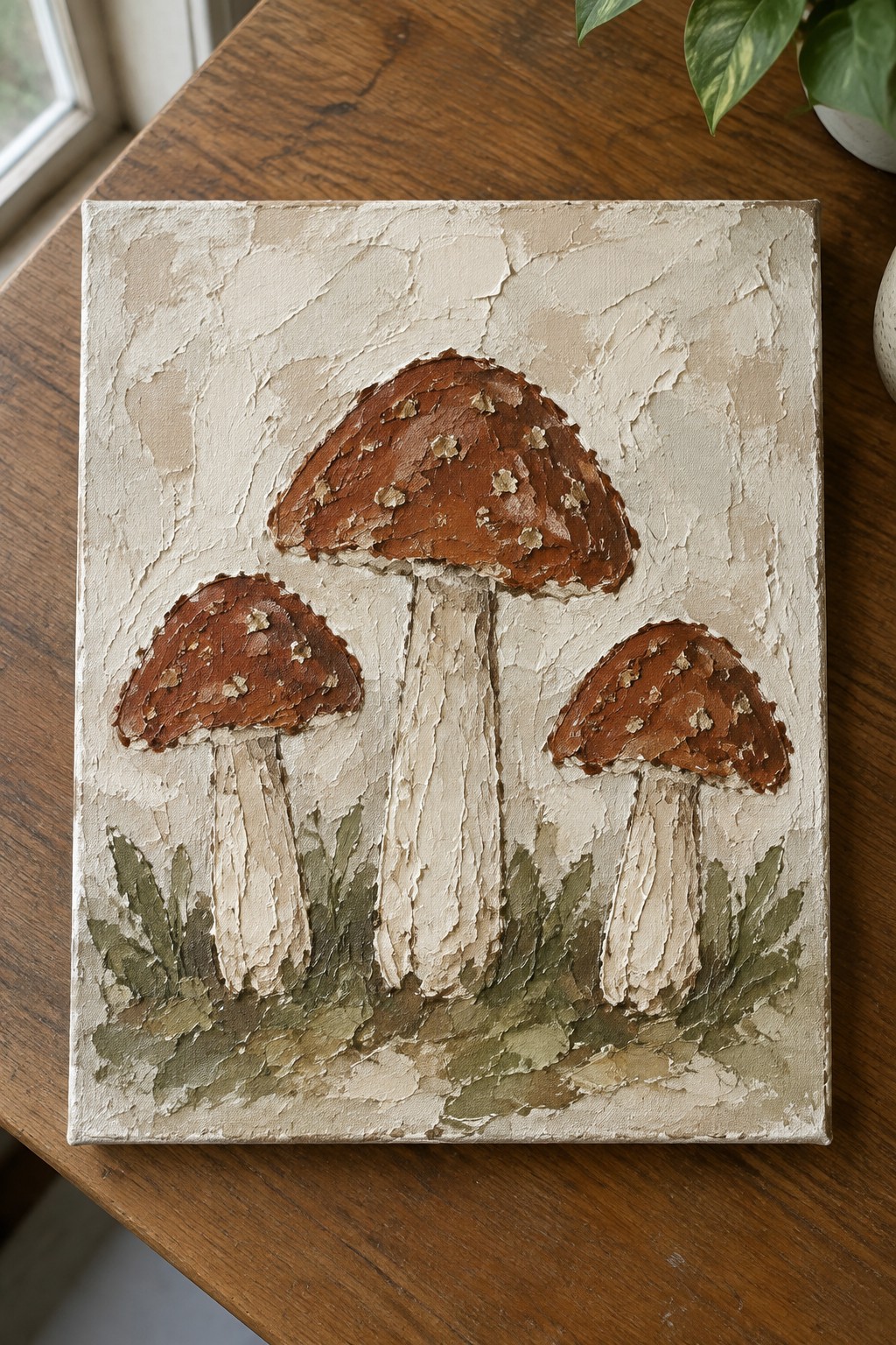 Thickly textured painting of three brown-capped mushrooms with white stems on canvas.