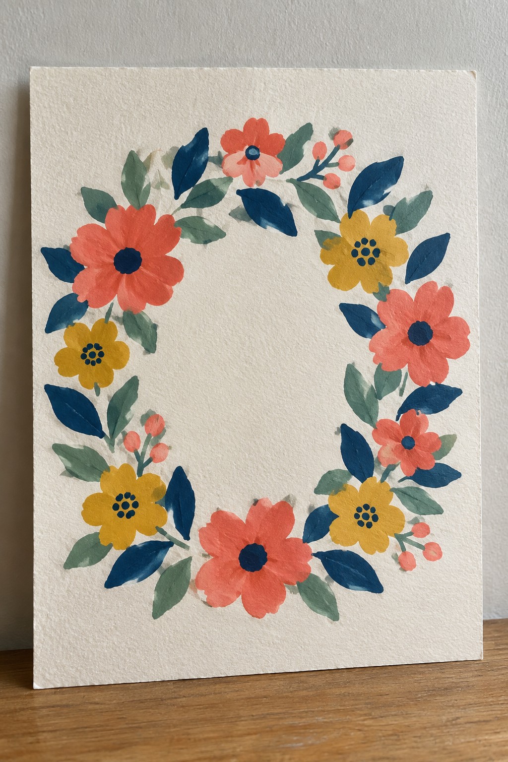 Watercolor floral wreath of red, yellow, and coral blooms with blue-green leaves on paper
