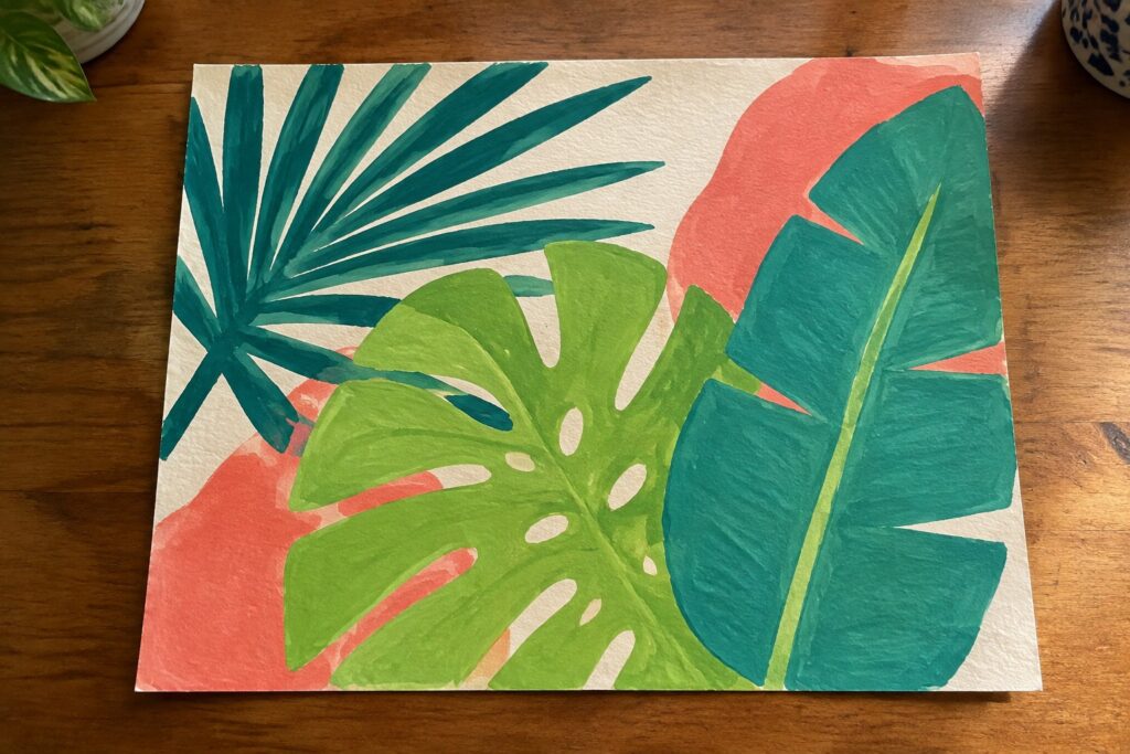 23 Easy Poster Color Painting Ideas for Bold Flat Designs Watercolor painting of red monstera, teal palm fronds, and green banana leaf on paper