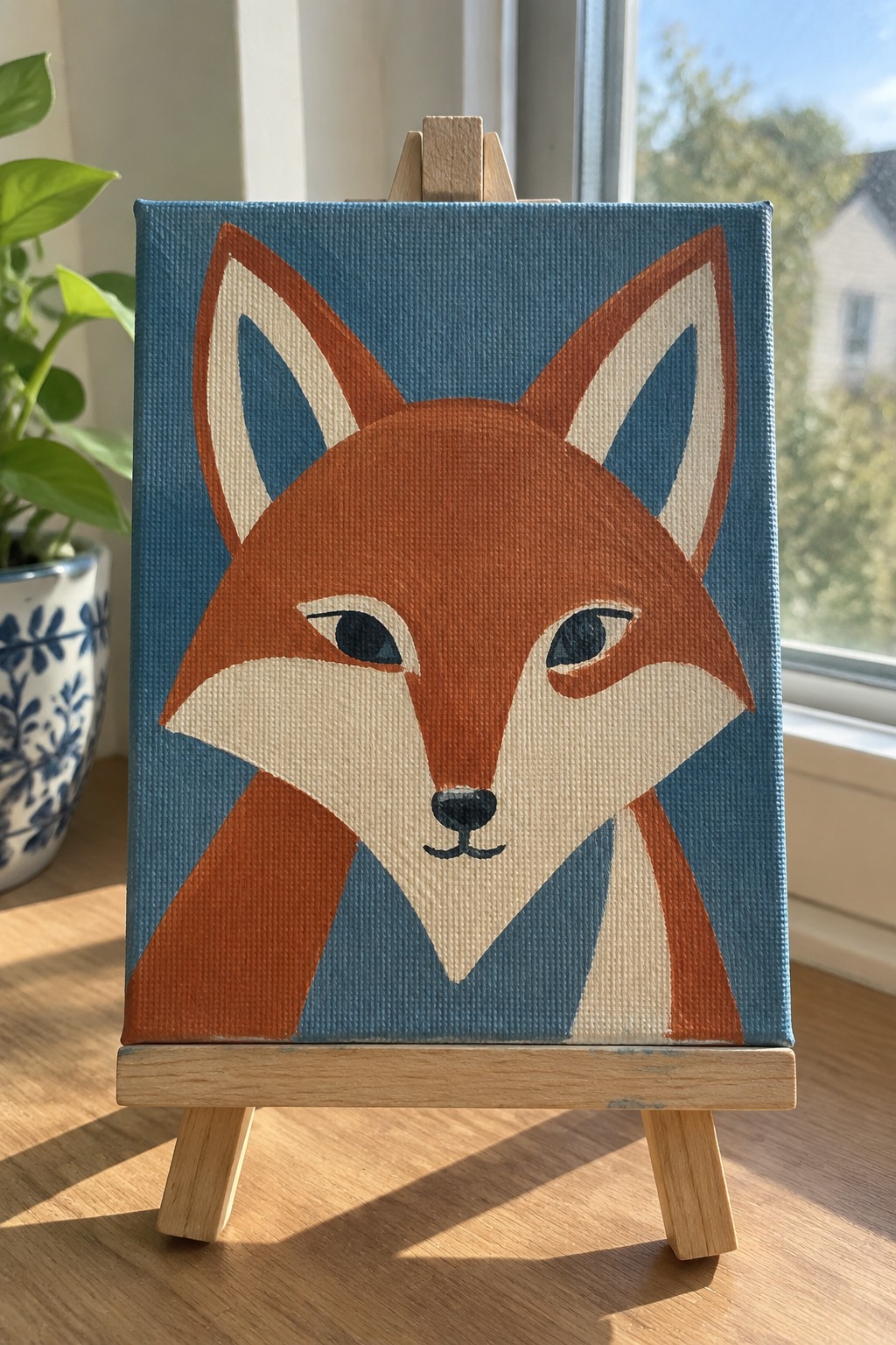 A canvas painting of a stylized fox face in orange, cream, and blue tones on a blue background, displayed on a small wooden easel.