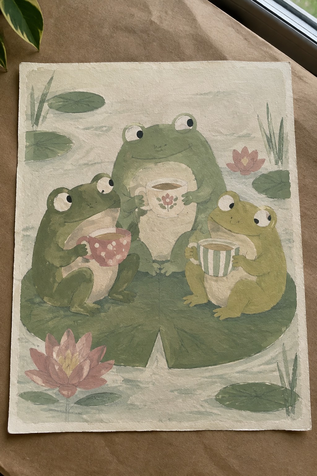 Three watercolor frogs sip from patterned teacups on a pond lily pad
