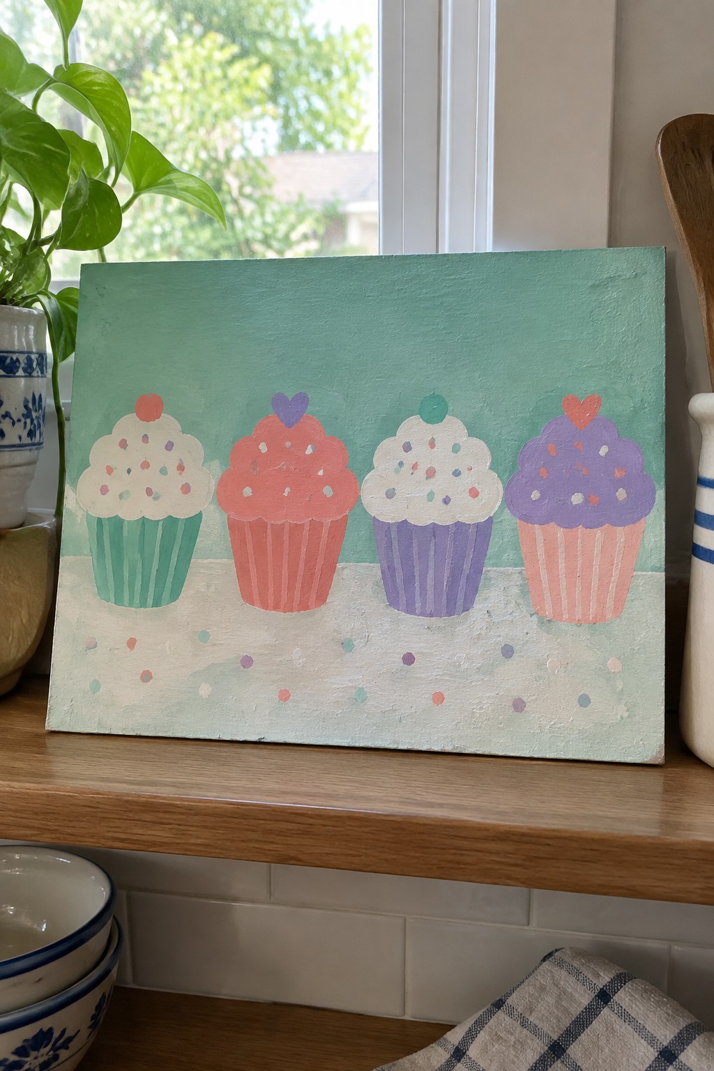 Pastel cupcake painting on mint canvas displayed on wooden kitchen shelf with plant