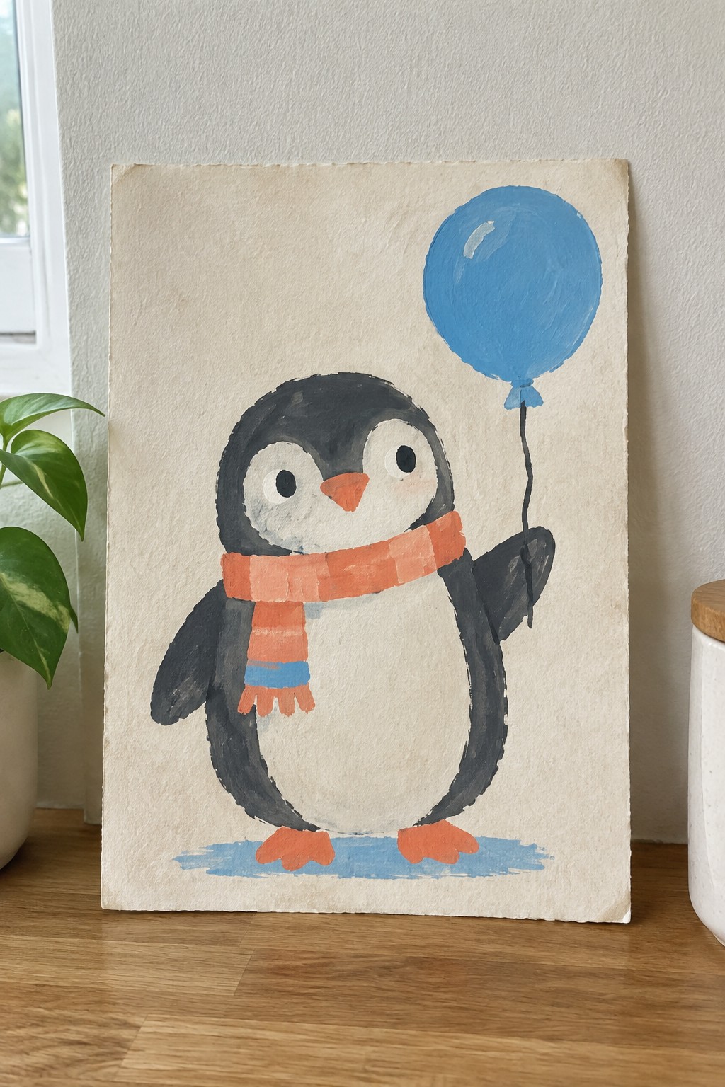 Painted penguin in orange scarf holding blue balloon on beige paper