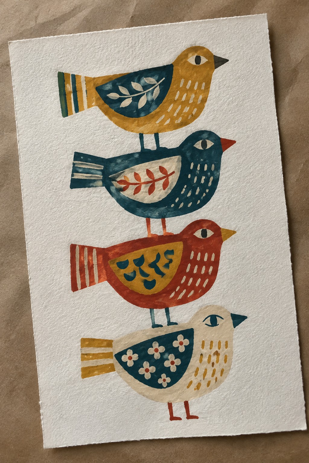 Four colorful folk-art birds stacked vertically in whimsical watercolor style.