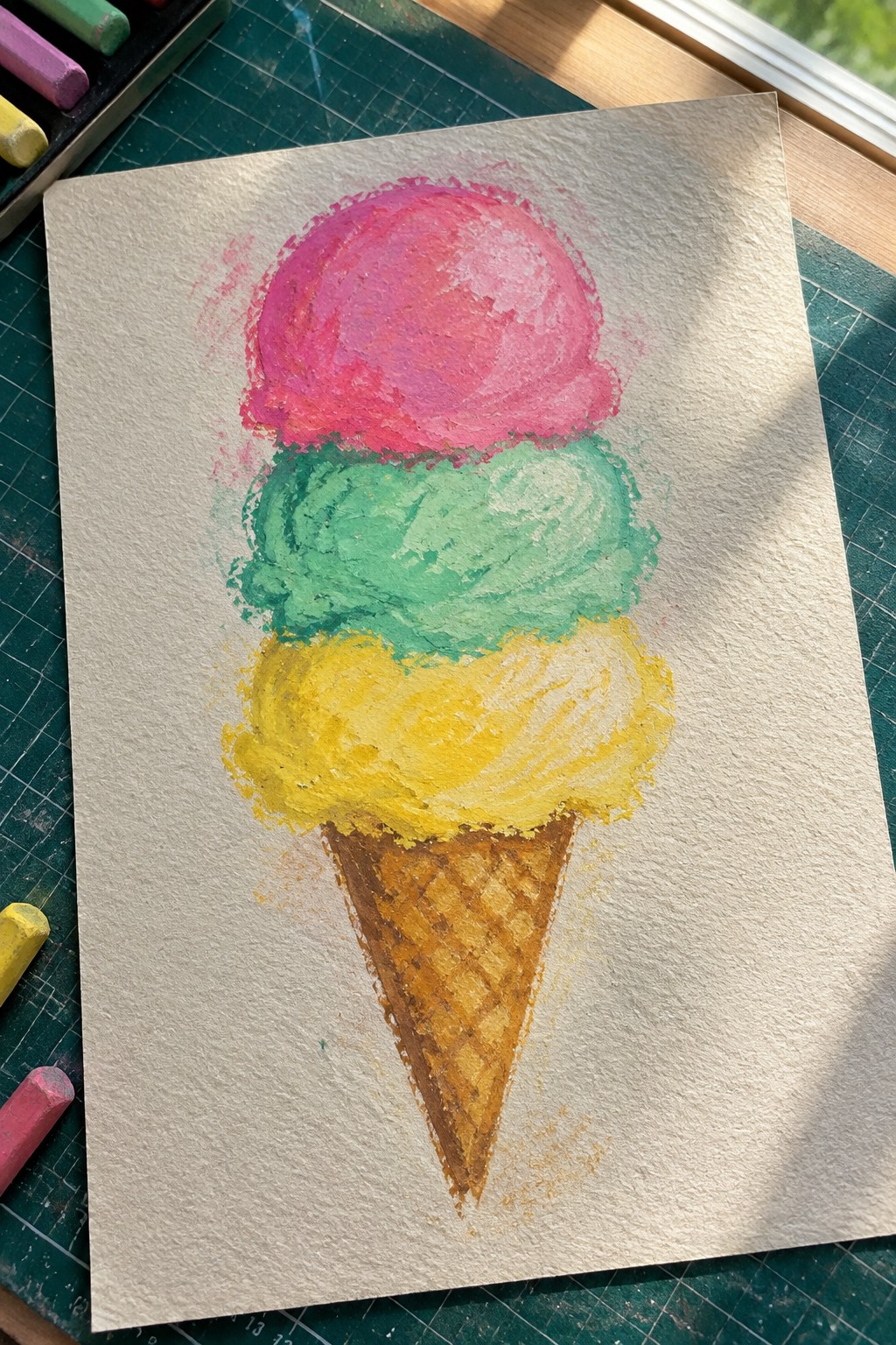 Pastel artwork of pink, green, and yellow ice cream scoops in a waffle cone.