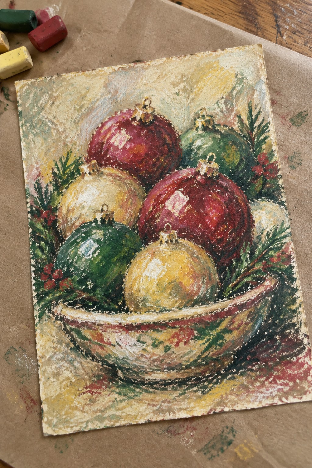 Pastel still life of red, green and gold Christmas ornaments in a bowl with pine.