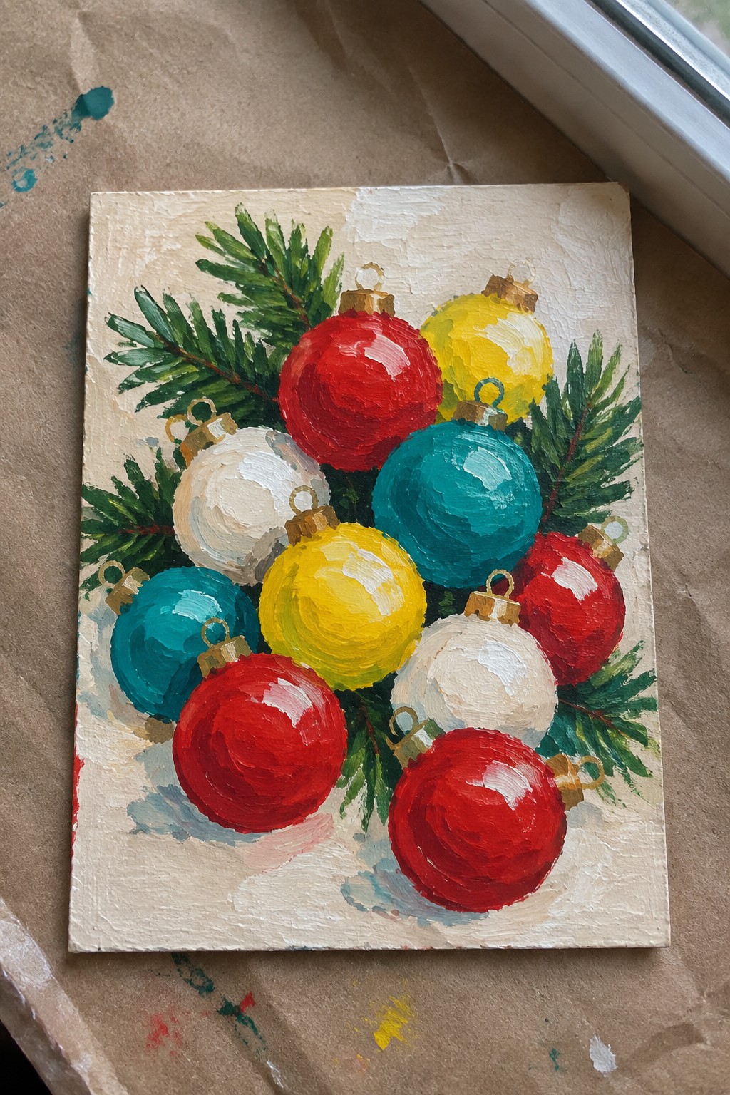 Colorful red, yellow, white, and teal Christmas ornaments with green pine branches in painting