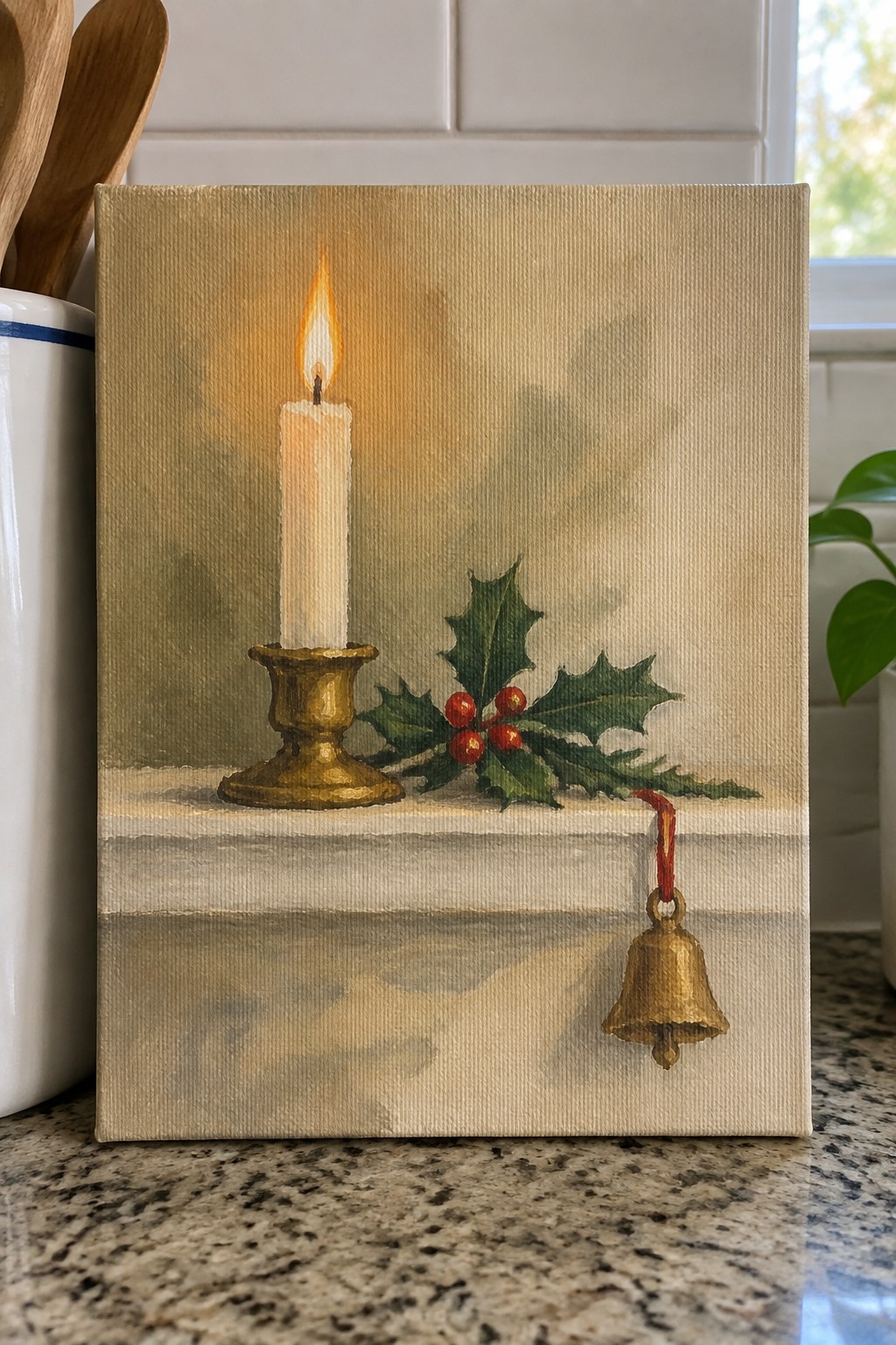 Oil painting of lit candle in gold candlestick with holly and hanging bell on mantel.