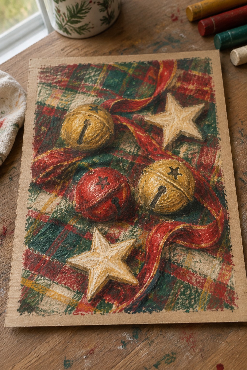 Pastel drawing of jingle bells, stars, and red ribbon on plaid background
