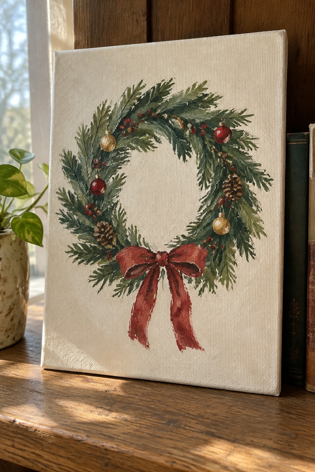 Canvas painting of Christmas wreath with red bow, pinecones and ornaments