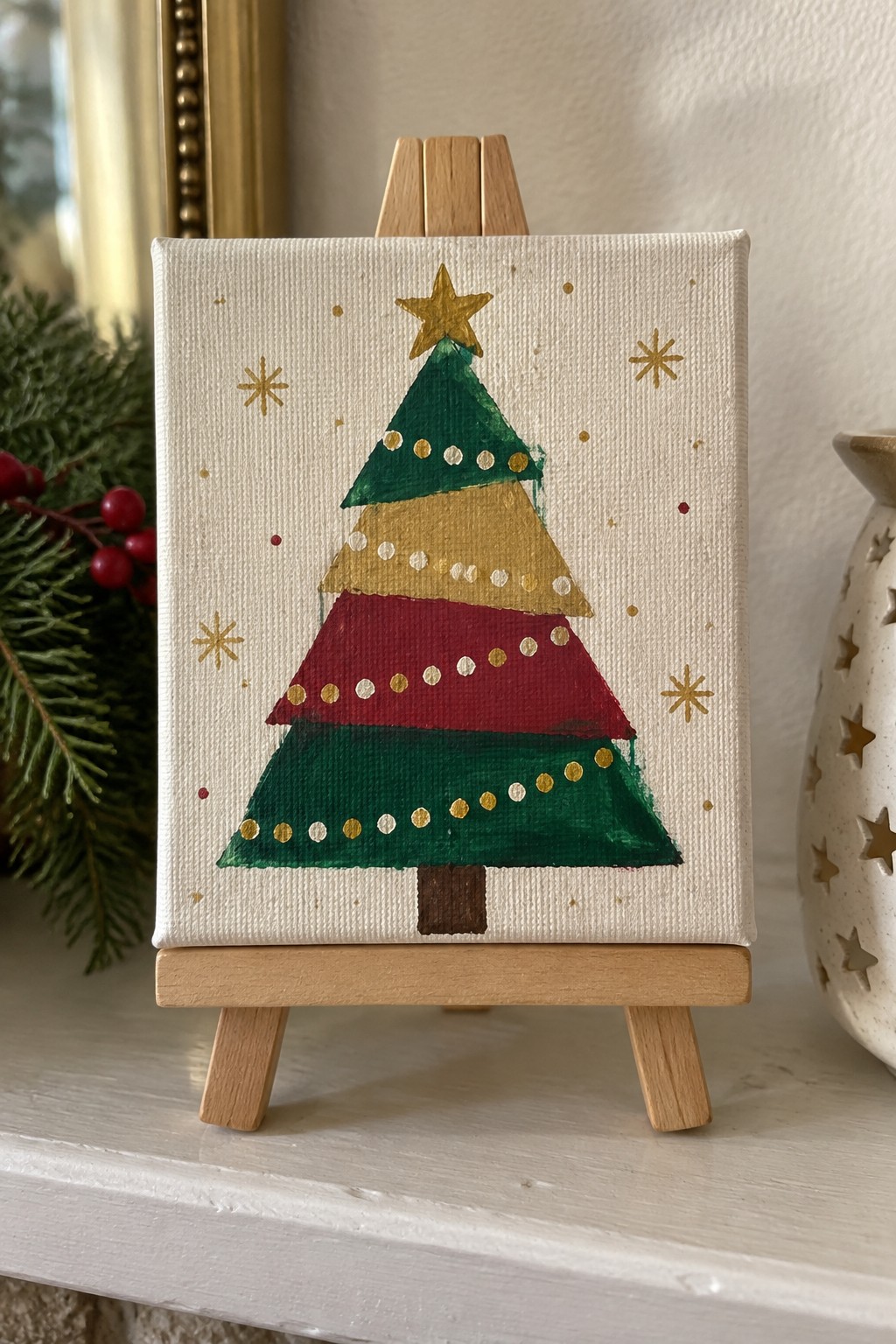 Wooden easel holds canvas with layered green red gold Christmas tree and gold star