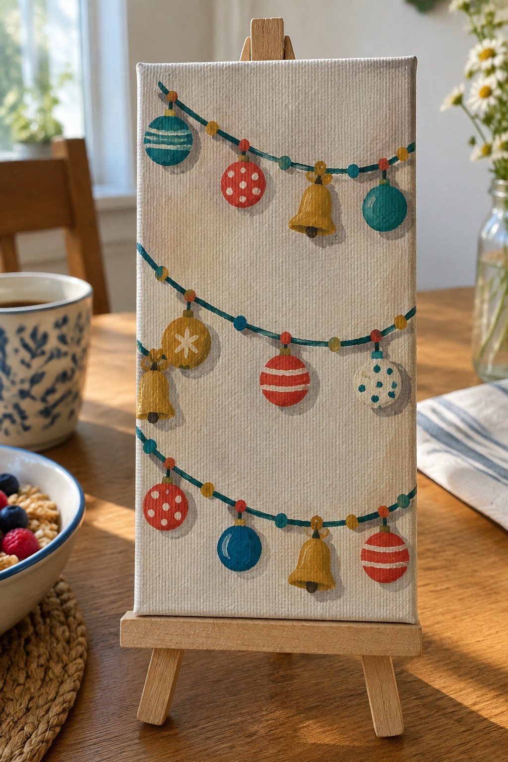 Mini canvas on easel with colorful painted Christmas baubles and bells.