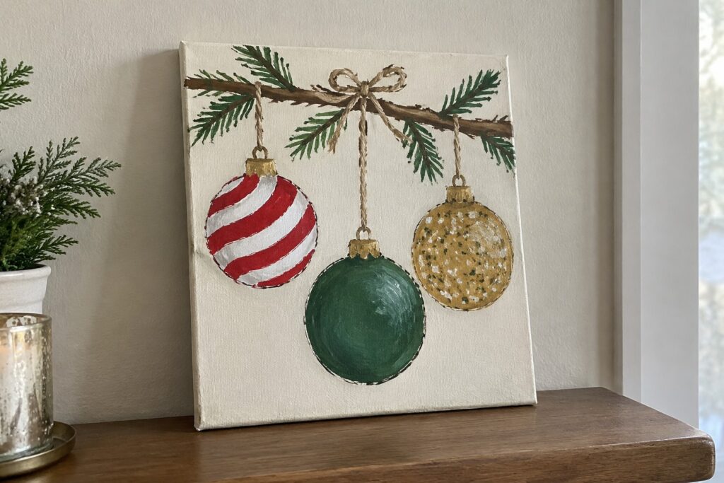 23 Festive Christmas Small Canvas Painting Ideas With Ornaments and Holiday Motifs A canvas painting shows three Christmas ornaments in red, green, and gold hanging from a pine branch with a twine bow on a white background.