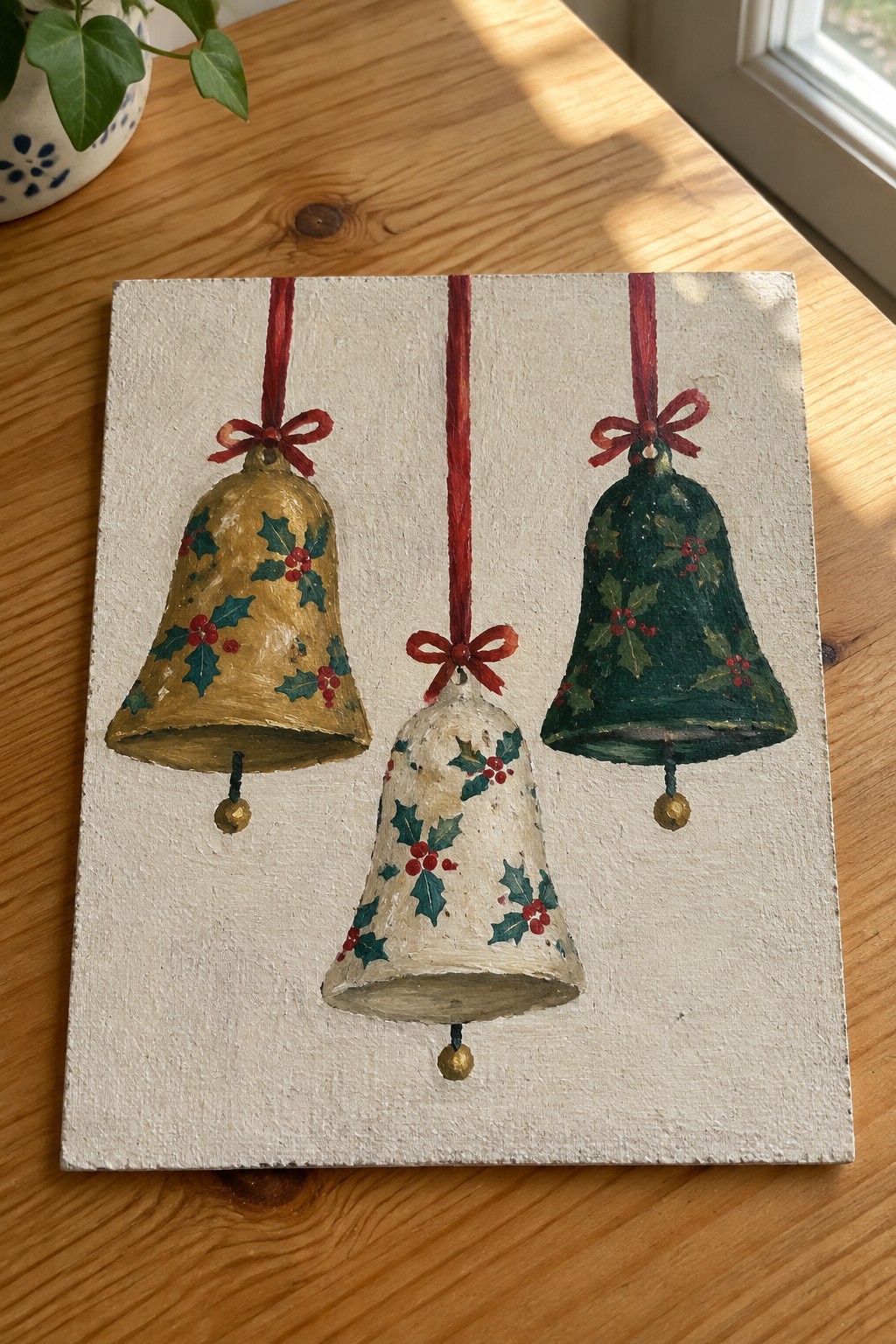 Three holly-decorated Christmas bells in gold, white, and green on canvas.