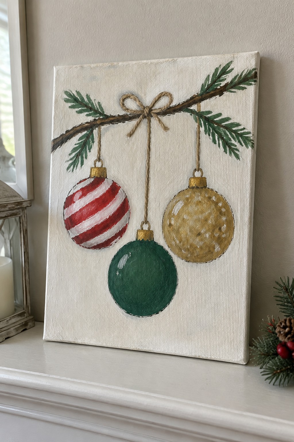 A canvas painting shows three Christmas ornaments in red, green, and gold hanging from a pine branch with a twine bow on a white background.