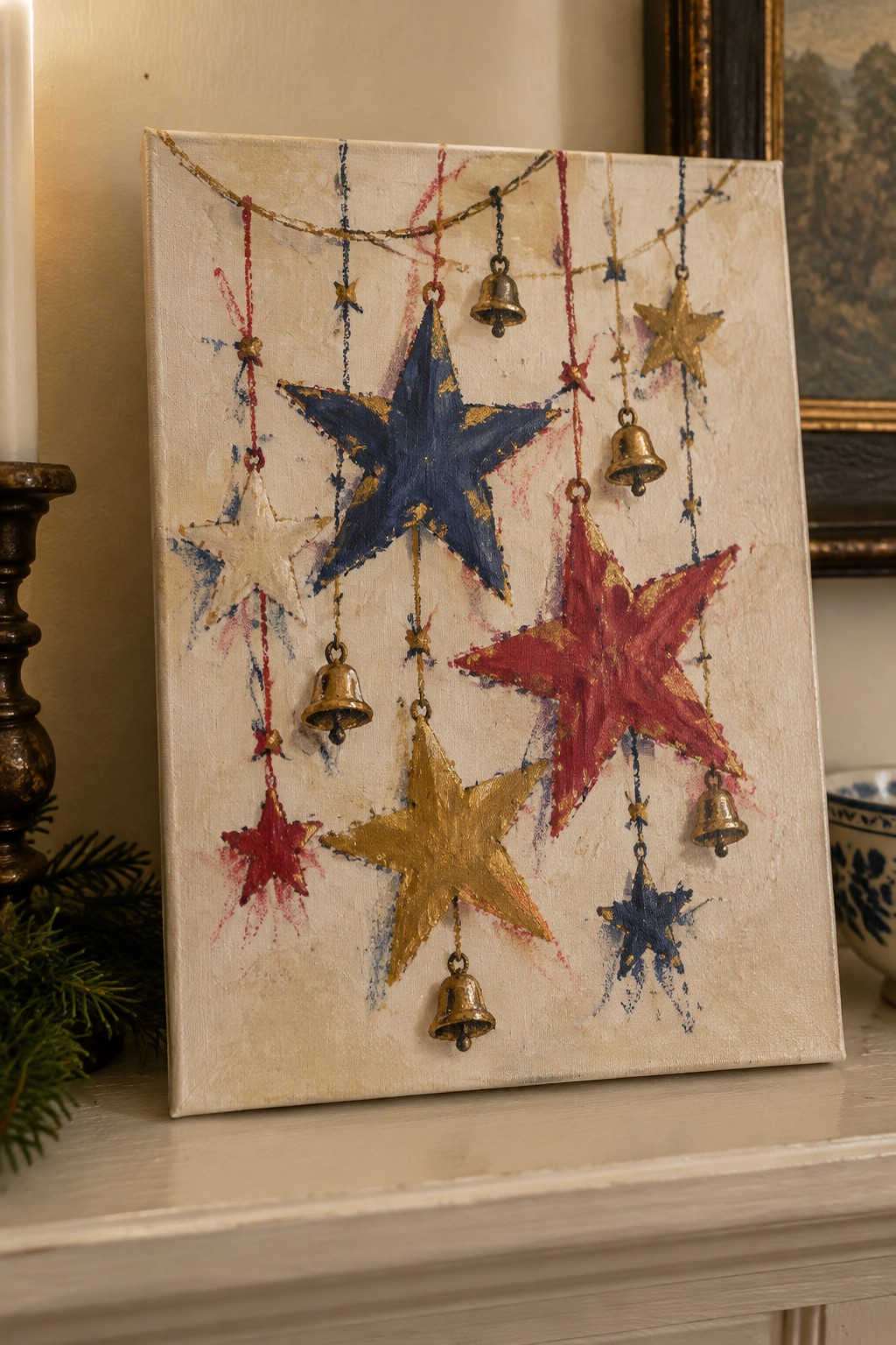 Festive canvas with hanging stars and gold bells in red, white, and blue.