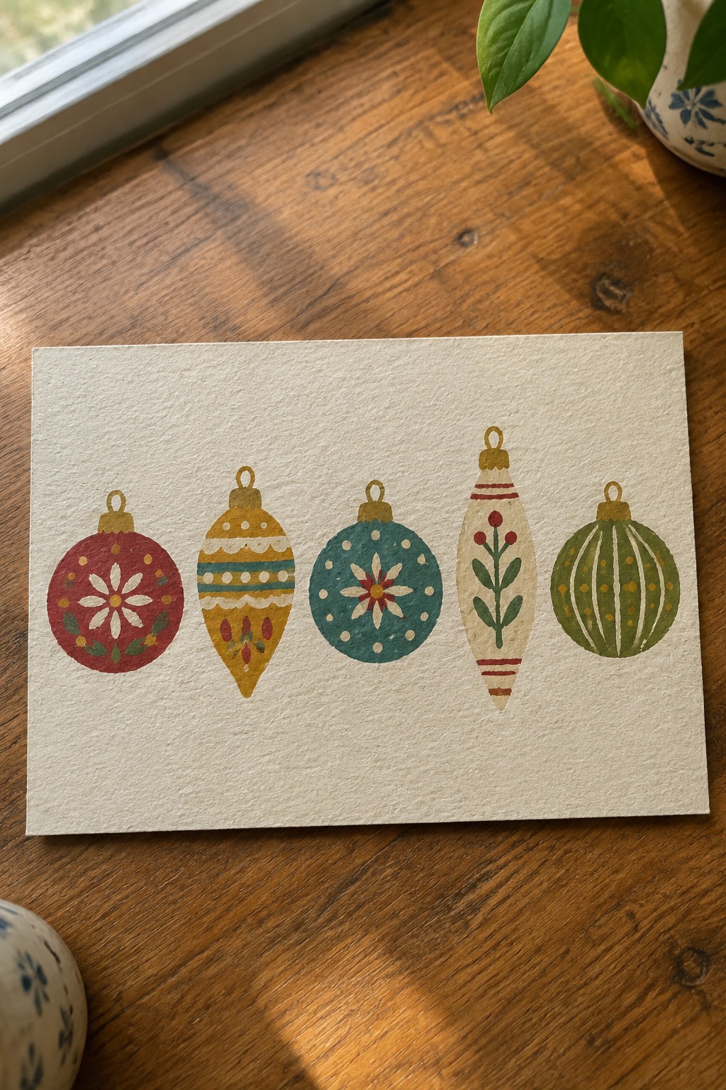 Five hand-painted Christmas ornaments in red, yellow, teal, beige, and green on white paper.