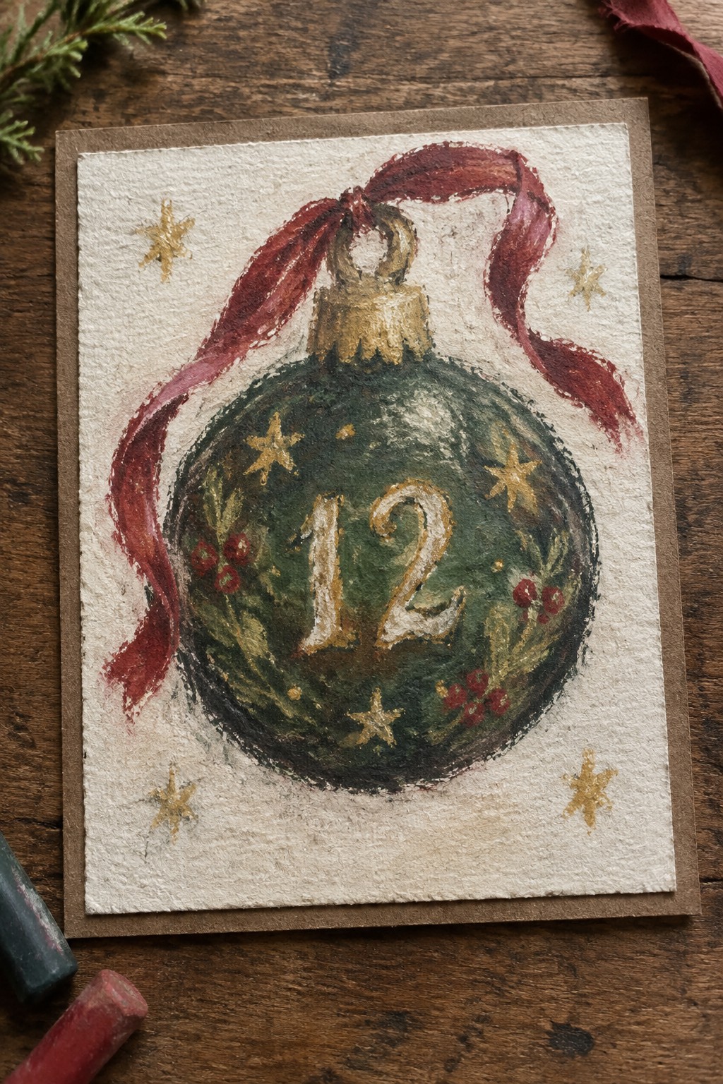 Green Christmas ornament with red ribbon, gold stars, and number 12 on card