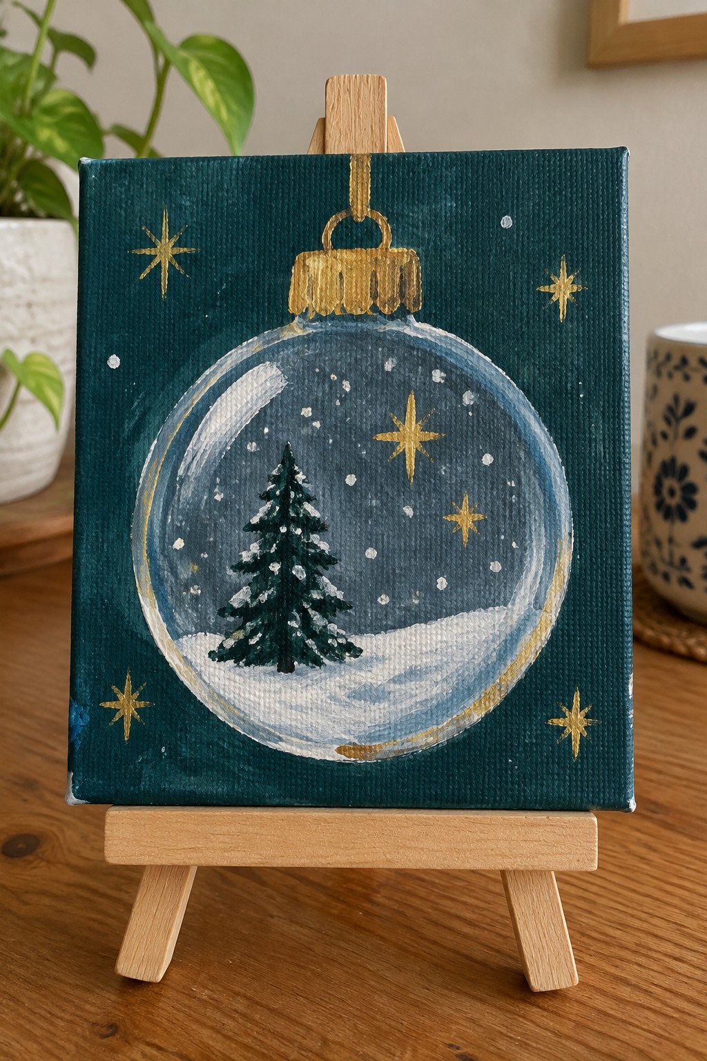 Teal canvas on easel shows golden ornament with snowy pine tree and stars