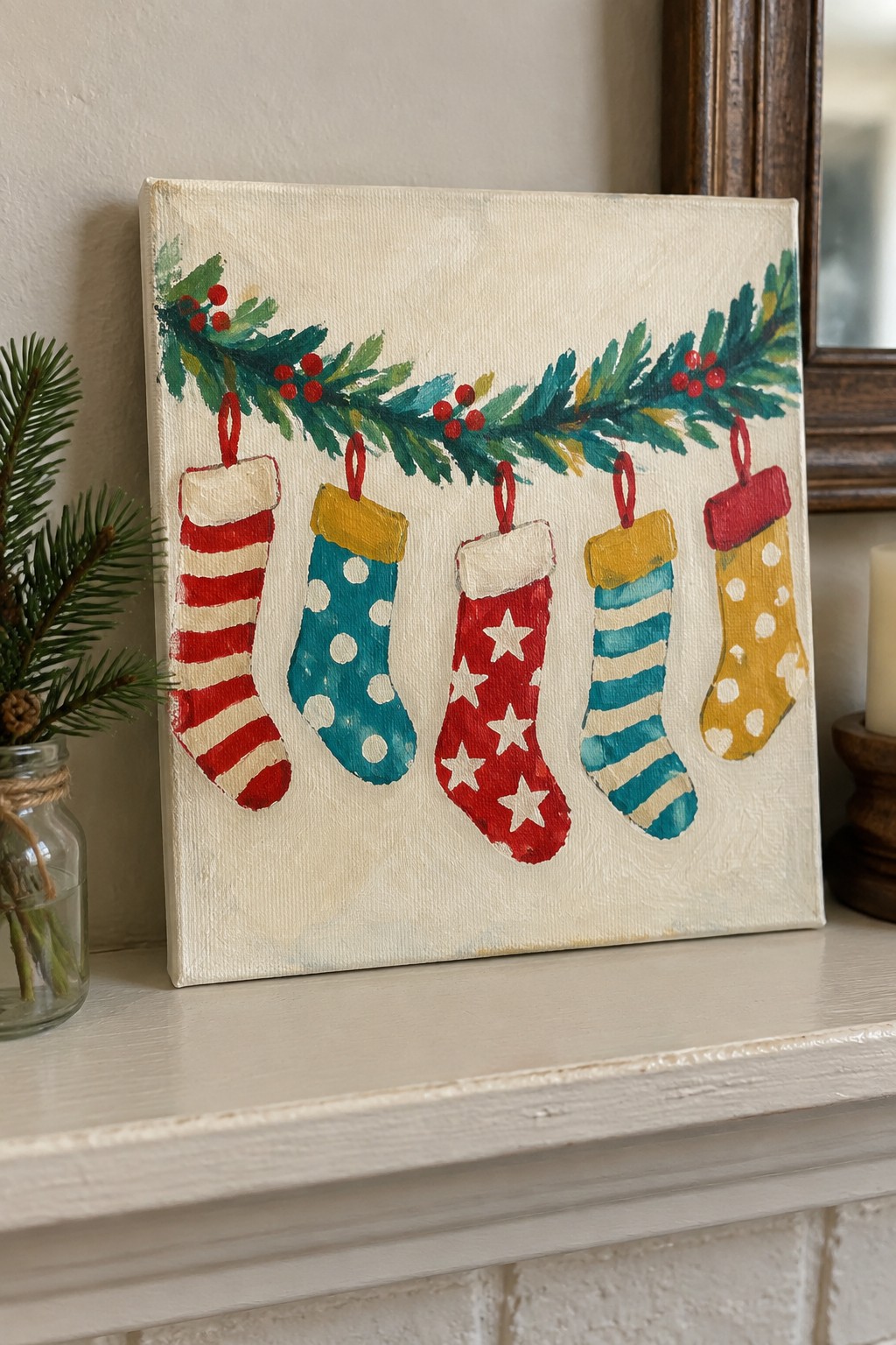 Five colorful patterned Christmas stockings hang from a painted evergreen garland on canvas.