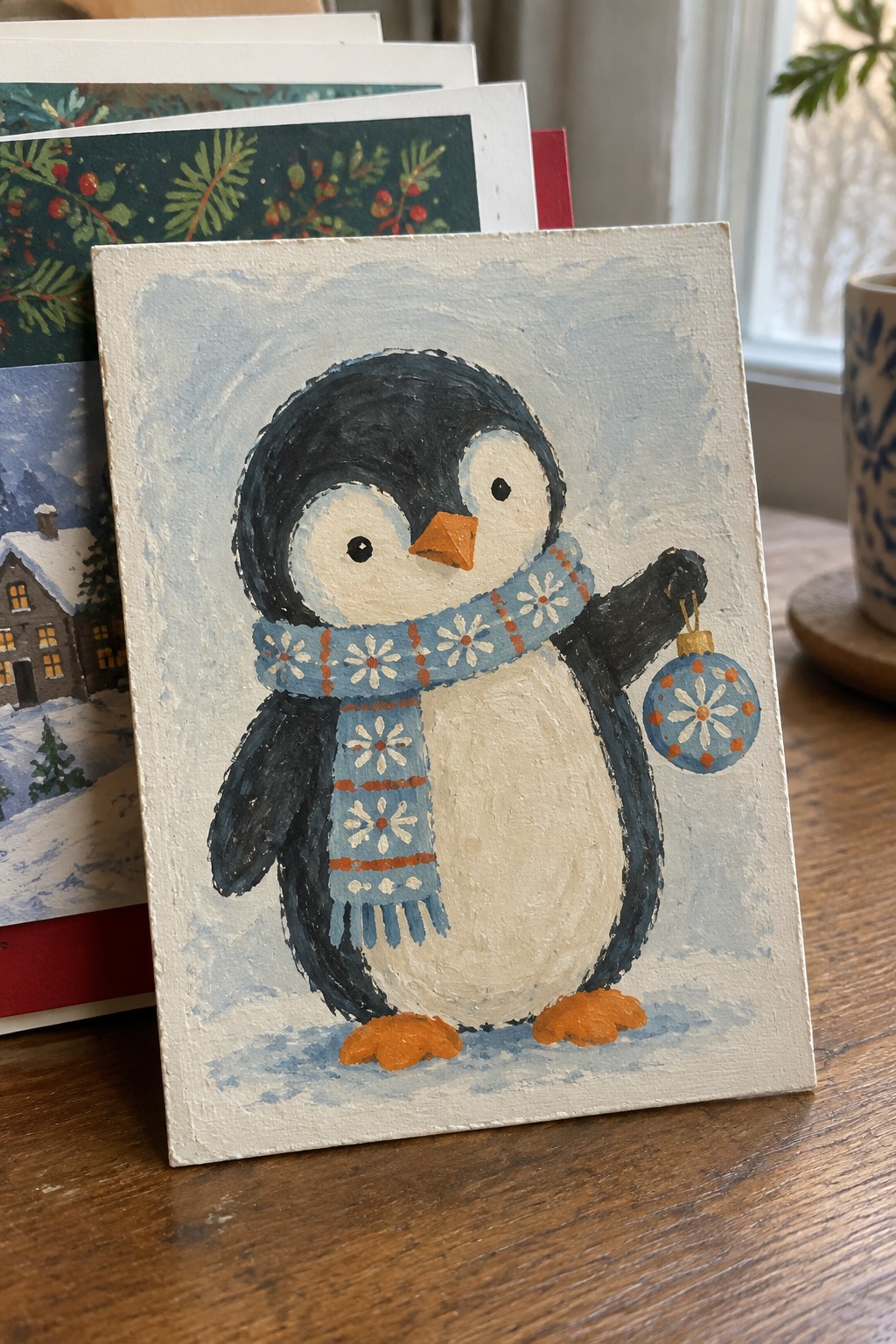 Penguin painting in blue snowflake scarf holding matching blue Christmas ornament.
