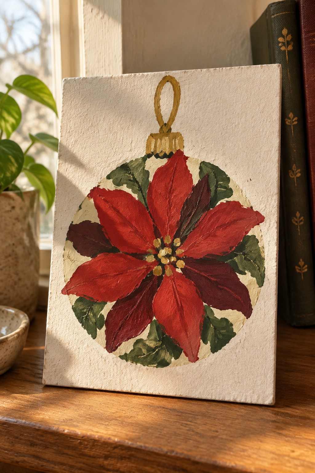 Painted Christmas bauble with red poinsettia flower and gold accents on white canvas